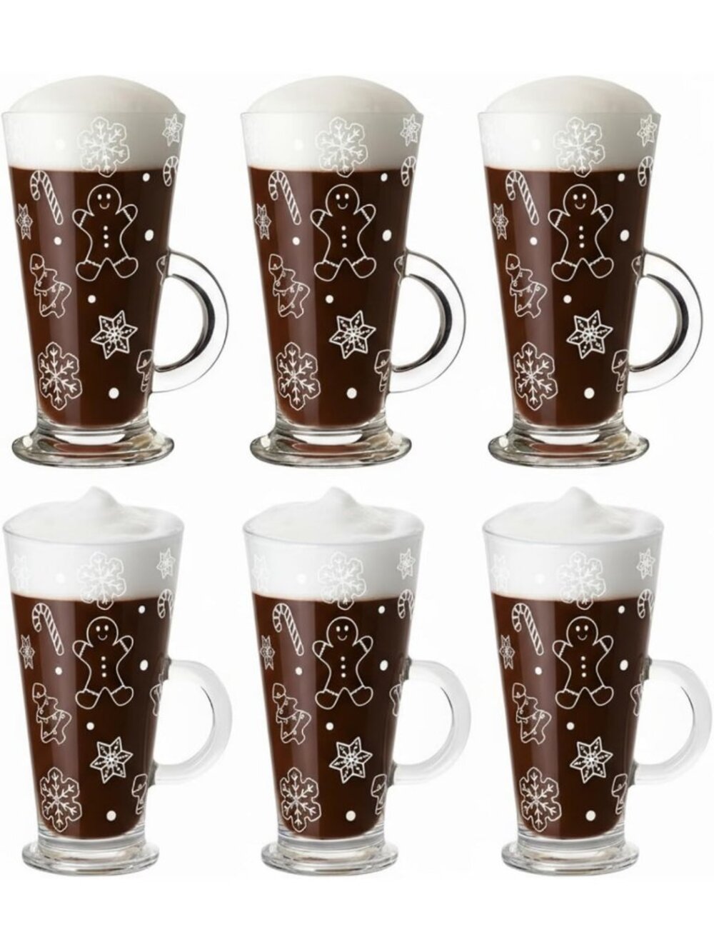 6 Pcs Christmas Glass Coffee Mugs - 9 oz Clear Footed Holiday Cups for Cocoa